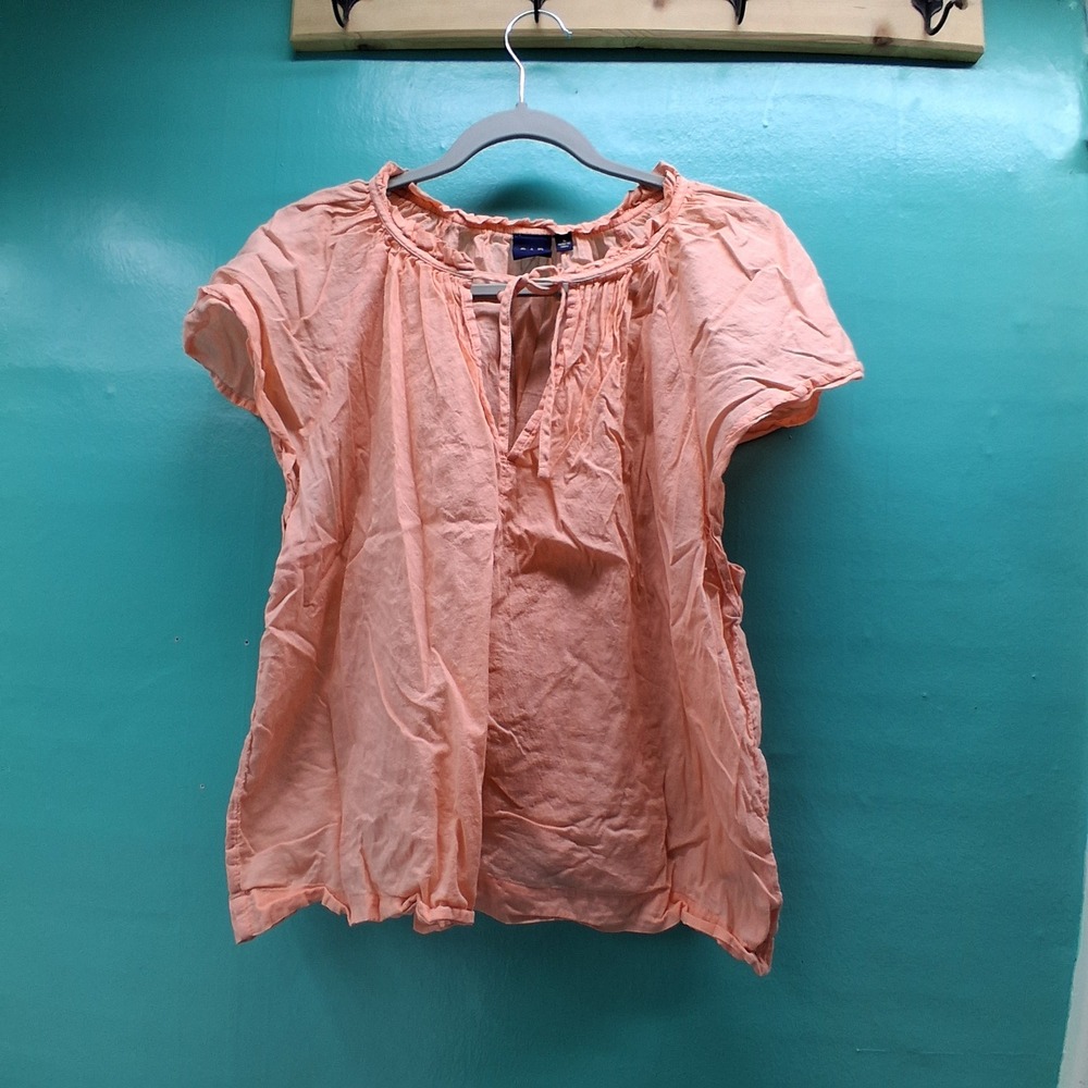 Gap Cotton Gauze Top Large Peach Boho Ruffle Split Neck Short Sleeve Blouse